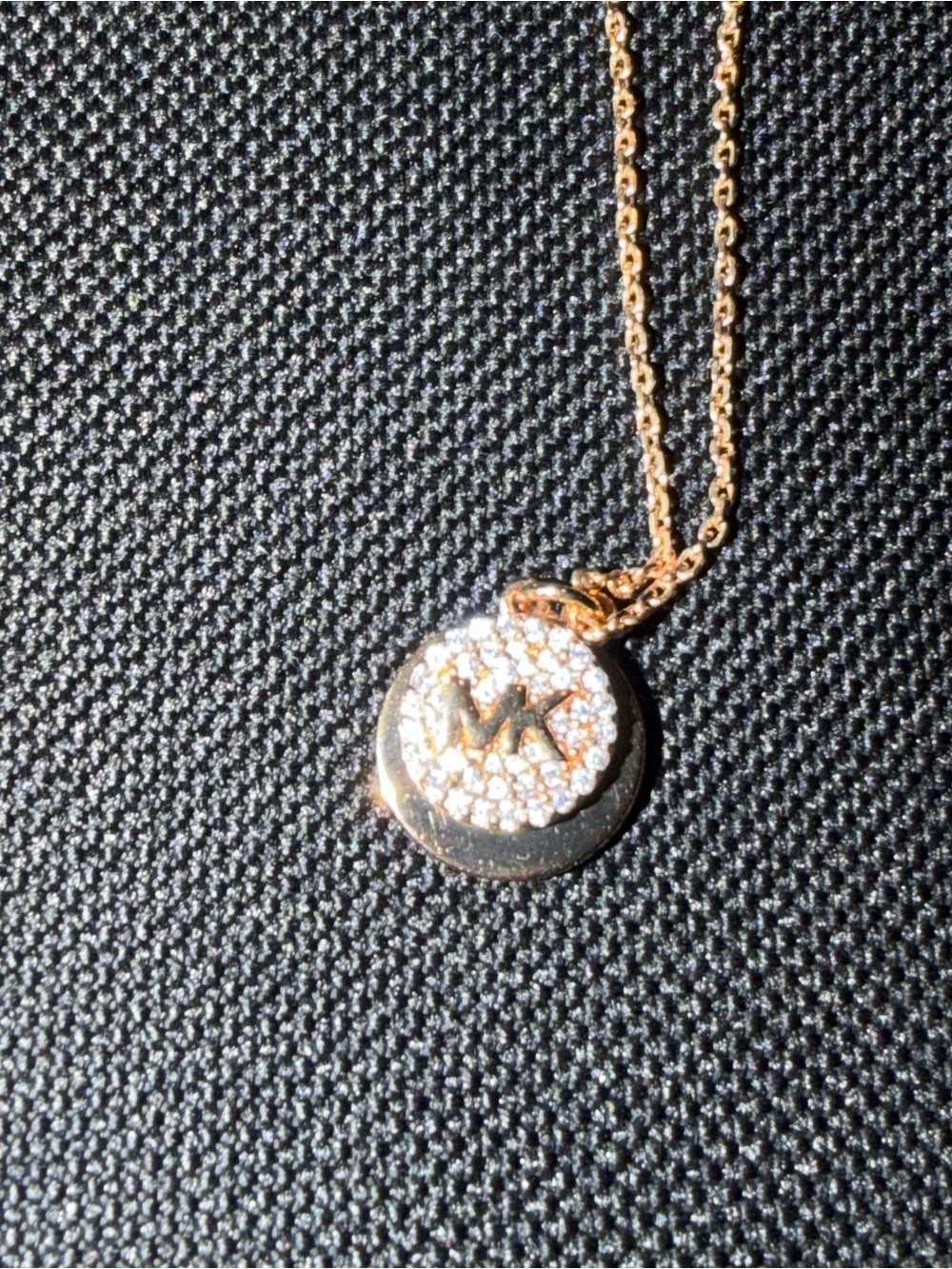 Michael Kors Rose Gold Crystal MK Disc Pendant Necklace